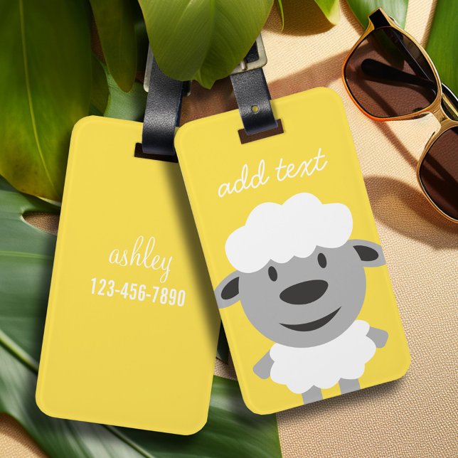 Étiquette À Bagage Cute Cartoon Farm Sheep - jaune et gris (Personalized luggage tag - cute cartoon sheep
)