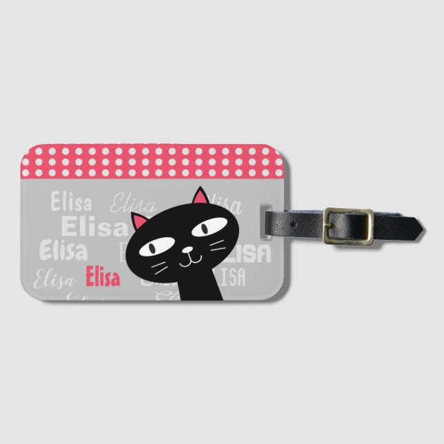 Étiquette À Bagage Cute Chat Noir Pois Rose Ajouter Votre Nom (Devant Horizontal)