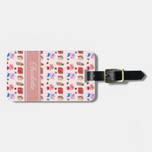 Étiquette À Bagage Cute chats et cadeaux motif & Enfants Nom   Rose