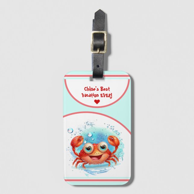 Étiquette À Bagage Cute Crab Summer Vacances Texte personnalisé Fille (Devant Vertical)