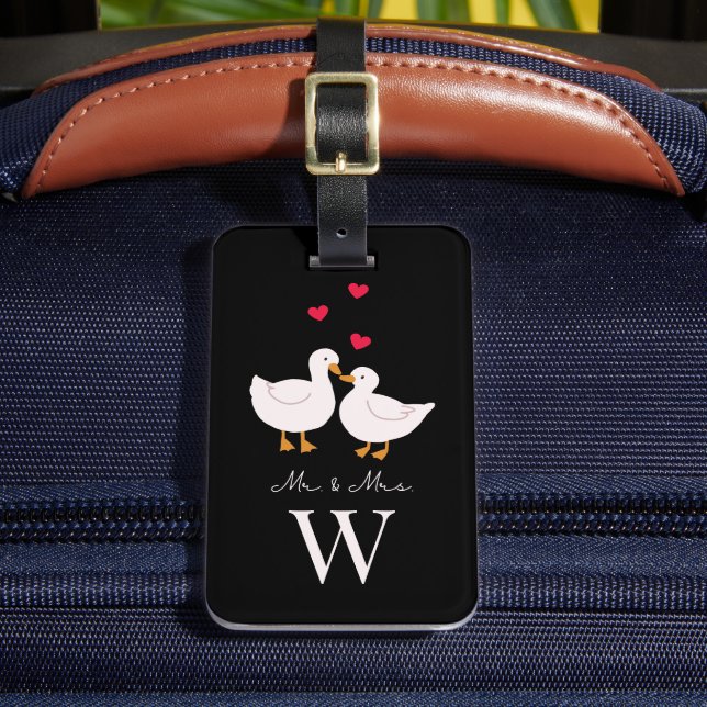 Étiquette À Bagage Cute Ducks Mr & Mrs Couple Monogramme nouvellement (Insitu Rectoal 2)
