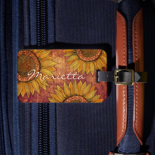 Étiquette À Bagage Cute Girl Rustic Boho Wood Joli tournesol (Insitu Rectoal 4)
