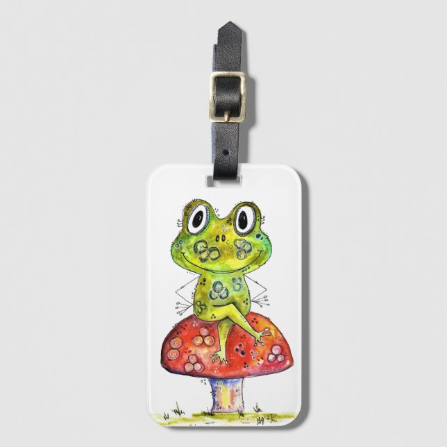 Étiquette À Bagage Cute Grenouille verte Whimsical sur Toadstool (Devant Vertical)