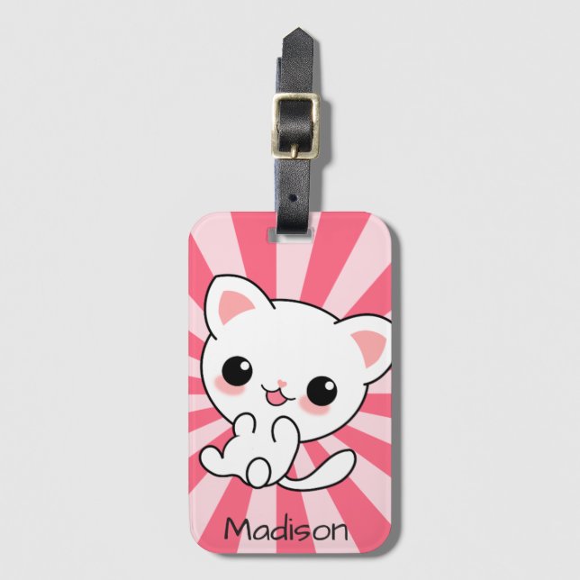 Étiquette À Bagage Cute kawaii Chat blanc Personnalisé rose (Devant Vertical)