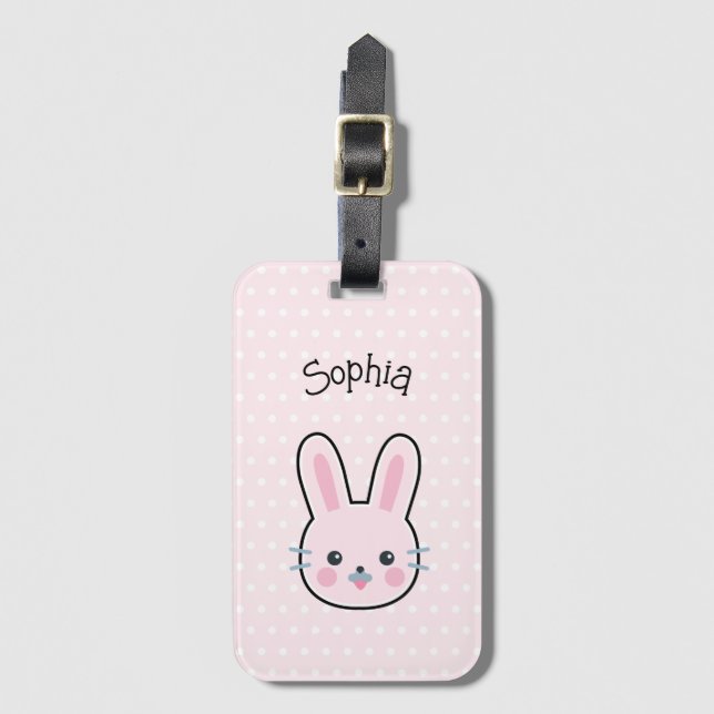 Étiquette À Bagage Cute Kawaii lapin rose et Pois (Devant Vertical)