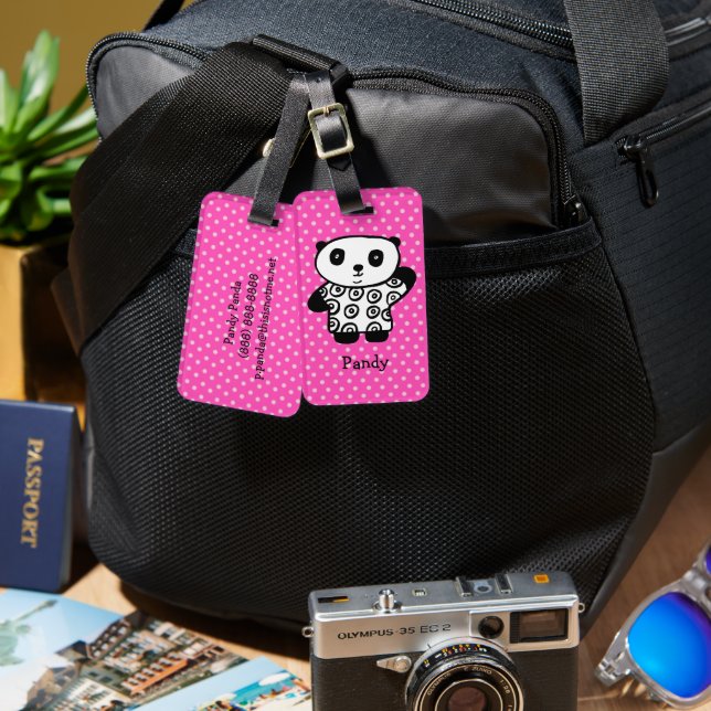 Étiquette À Bagage Cute Kawaii Panda Ours Monogramme Polka Rose Point (Recto & Verso)