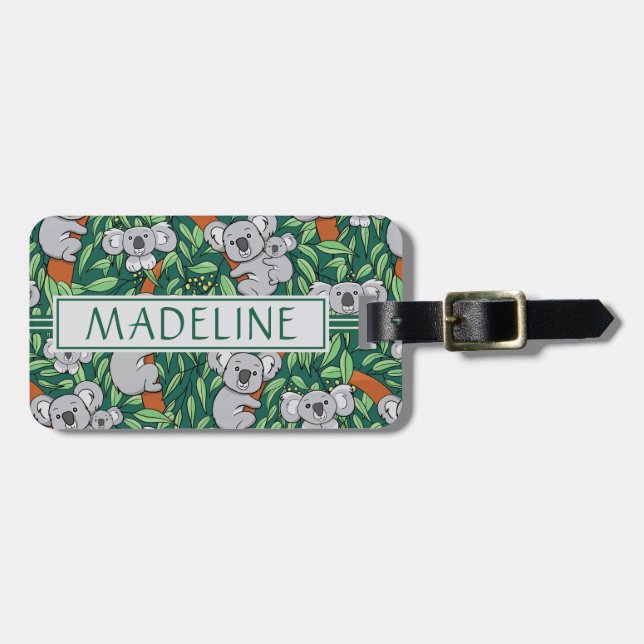 Étiquette À Bagage Cute Koala Motif Personnalisé Dark Green (Devant horizontal)