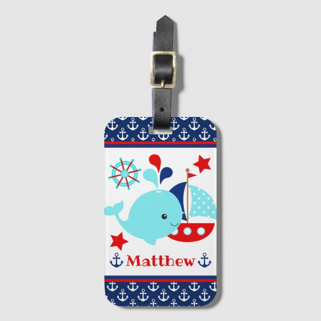 Étiquette À Bagage Cute Nautical Blue Whale et Ancres Motif (Devant Vertical)