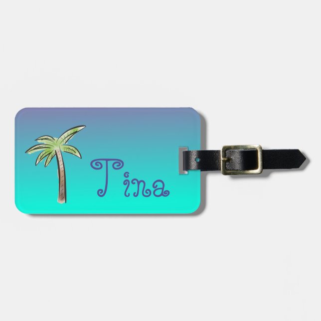 Étiquette À Bagage Cute Palm Tree bleu et violet ombre (Devant horizontal)