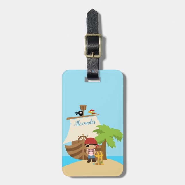 Étiquette À Bagage Cute Pirate Boy & A Big Ship Nom Personnalisé (Devant Vertical)