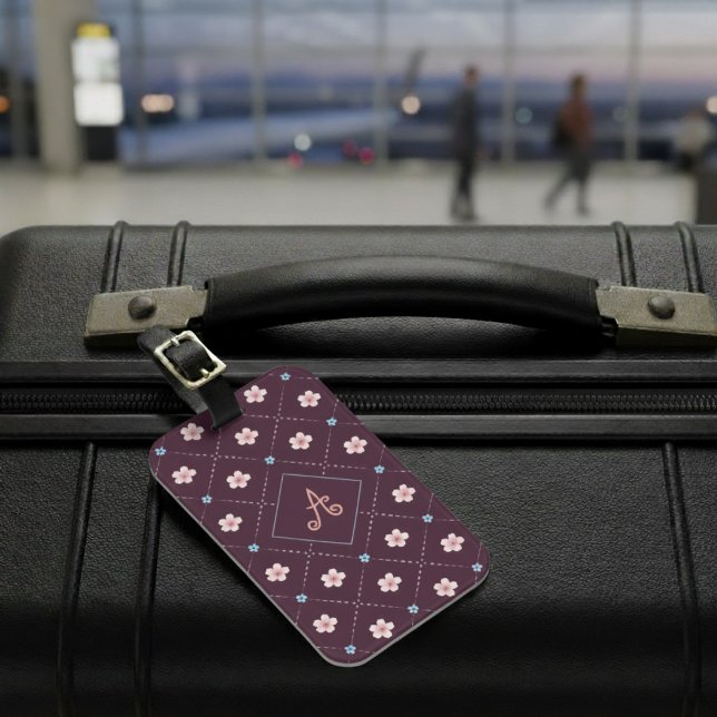 Étiquette À Bagage Cute Rose Et Bleu Plaid Motif Bourgogne (Créateur téléchargé)