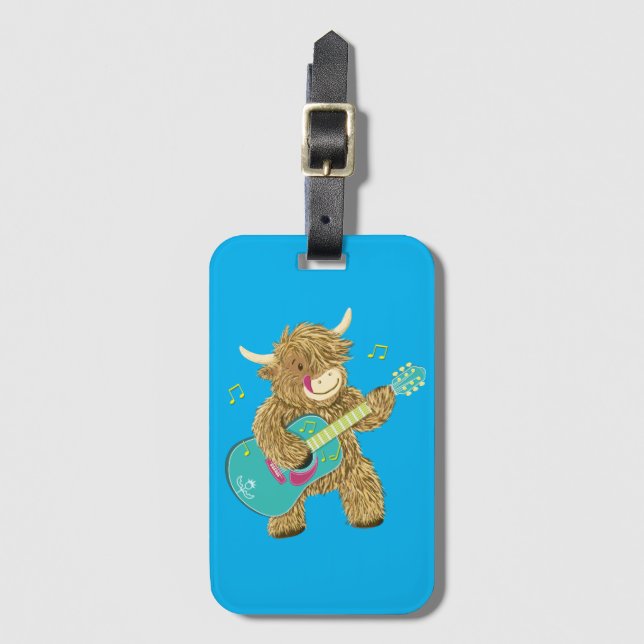 Étiquette À Bagage Cute Scottish Highland Cow joue de la guitare     (Devant Vertical)