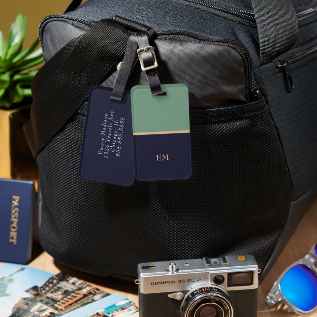 Étiquette À Bagage Cute Simple Moderne Bleu Vert Monogramme Initiales (Recto & Verso)