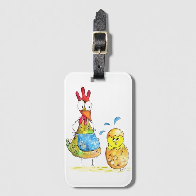 Étiquette À Bagage Cute Whimsical Mama poulet avec bébé (Devant Vertical)