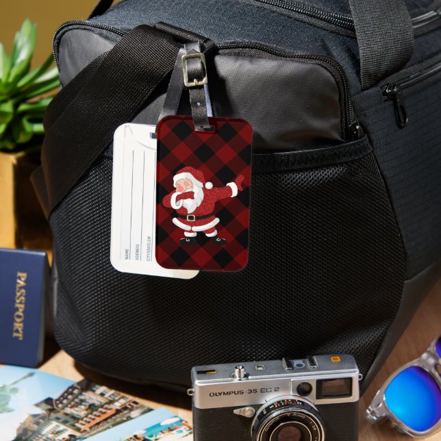 Étiquette À Bagage Dabbing Red Plaid Santa Claus | Fun Rustic Buffalo (Recto & Verso)