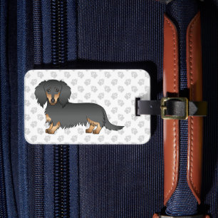 Étiquette À Bagage Dachshund à cheveux longs noir et tan, dessin Chie
