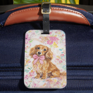 Étiquette À Bagage Dachshund à poils longs aquarelle florale pastel