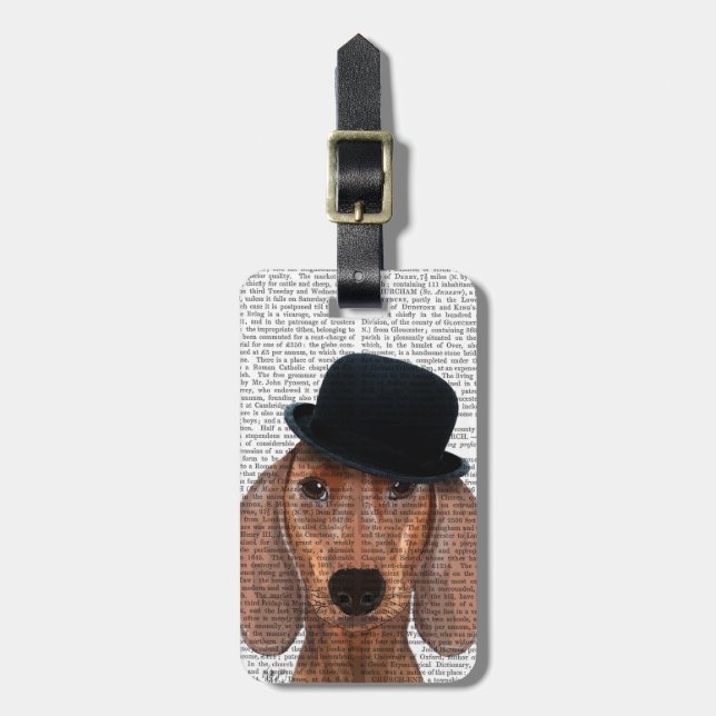 Étiquette À Bagage Dachshund avec Casquette Black Bowler (Devant Vertical)