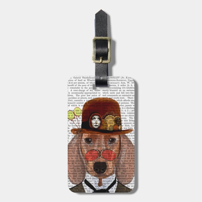 Étiquette À Bagage Dachshund avec Casquette Bowler Steampunk (Devant Vertical)