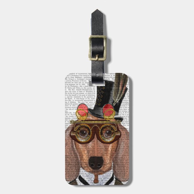 Étiquette À Bagage Dachshund avec chapeau supérieur et lunettes (Devant Vertical)