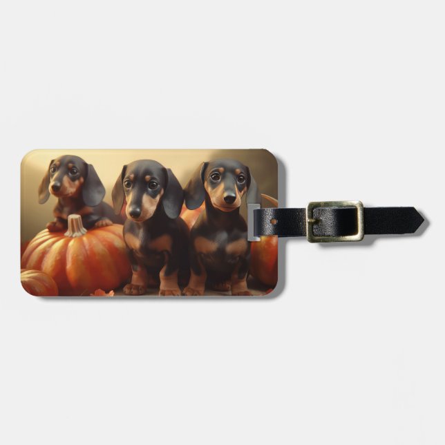 Étiquette À Bagage Dachshund Chiot Automne Citrouille de plaisir (Devant horizontal)