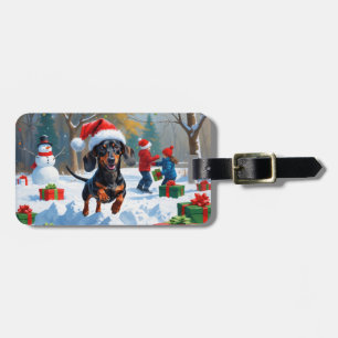 Étiquette À Bagage Dachshund courant dans la neige avec un chapeau de