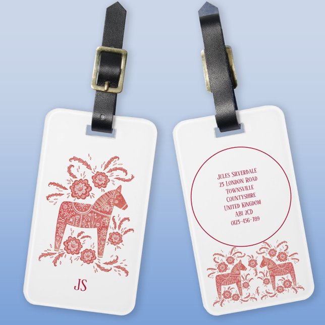 Étiquette À Bagage Dala Suédoise Cheval Folse Art Rouge Blanc (Swedish Dala Horse red and white folk art luggage tag)
