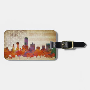 Étiquette À Bagage Dallas, horizon de ville d'aquarelle de TX  