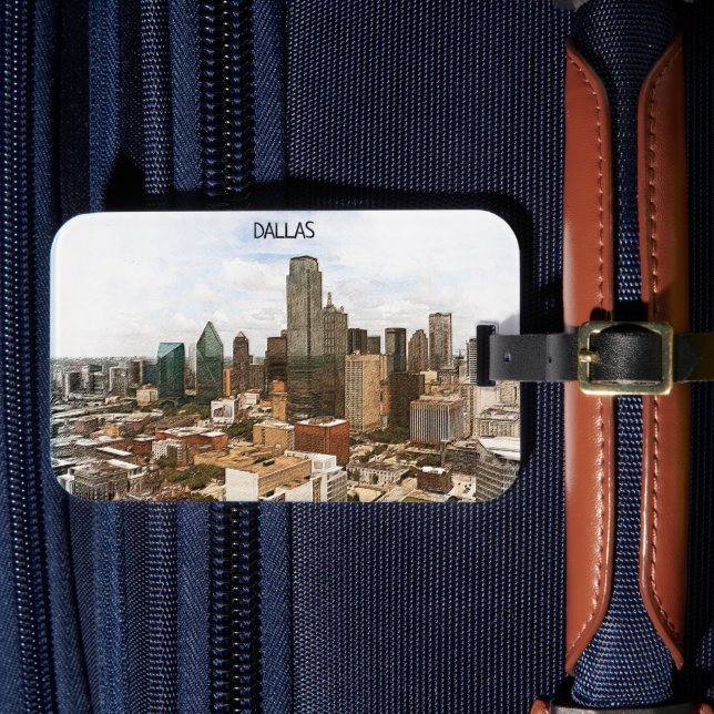Étiquette À Bagage Dallas Texas Panorama VIew City Silhouette (Insitu Rectoal 4)