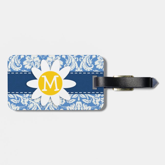 Étiquette À Bagage Damas bleu ; marguerite (Dos horizontal)