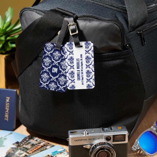 Étiquette À Bagage Damas Floral Bleu & Blanc (Recto & Verso)
