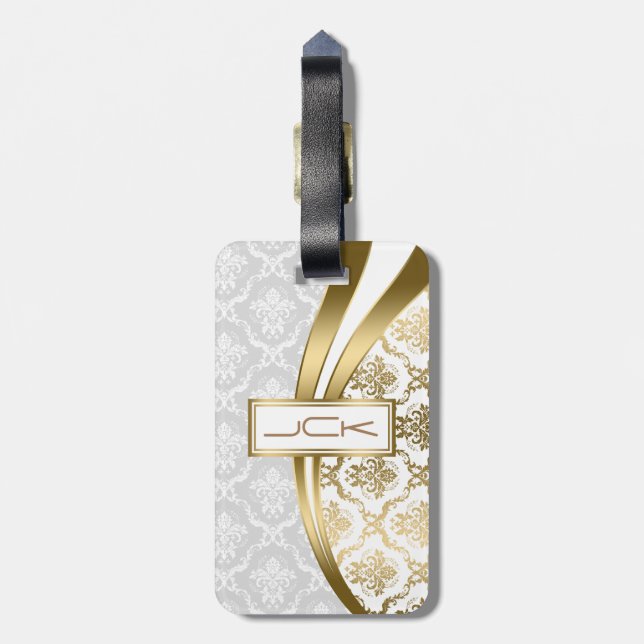 Étiquette À Bagage Damas Florales Monogrammes Or Et Blanches (Dos Vertical)