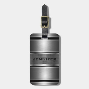 Étiquette À Bagage Damas-Monogramme noir et argent en métal et en mét