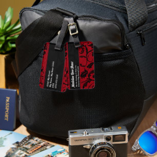 Étiquette À Bagage Damas rouge riche avec Monogramme noir
