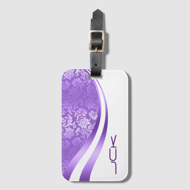Étiquette À Bagage Damas violettes et blanches Conception géométrique (Devant Vertical)