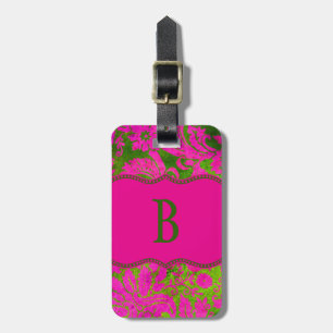Étiquette À Bagage Damassé rose et verte vintage