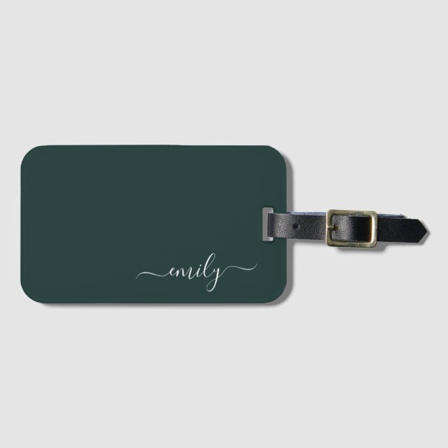 Étiquette À Bagage Dark Green Modern Script Nom du monogramme (Devant Horizontal)