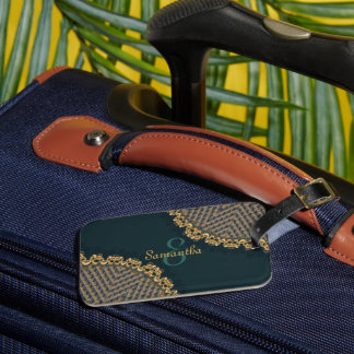 Étiquette À Bagage Dark Green Turquoise + Gold avec nom personnalisé