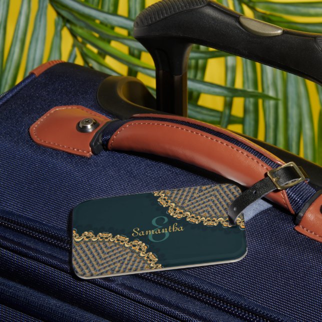 Étiquette À Bagage Dark Green Turquoise + Gold avec nom personnalisé (Insitu Rectoal 3)