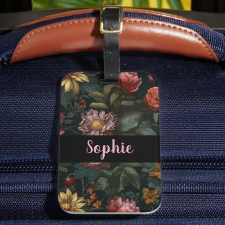 Étiquette À Bagage Dark Vintage Floral Custom Name Elegant Travel