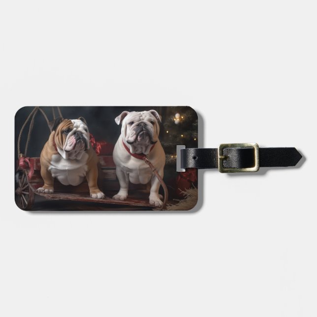 Étiquette À Bagage Décor de Noël Bulldog Snowy Sleigh (Devant horizontal)