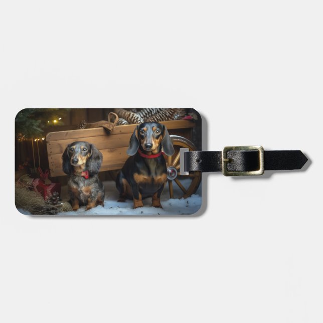 Étiquette À Bagage Décor de Noël Dachshund Snowy Sleigh (Devant horizontal)