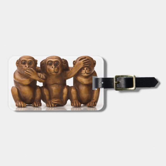 Étiquette À Bagage Découpage de trois singes en bois (Devant horizontal)