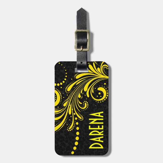 Étiquette À Bagage Dentelle florale jaune Damas noirs (Devant Vertical)
