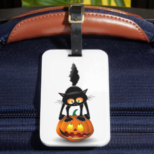 Étiquette À Bagage Dessin d'Halloween au chat effrayé sur Citrouille