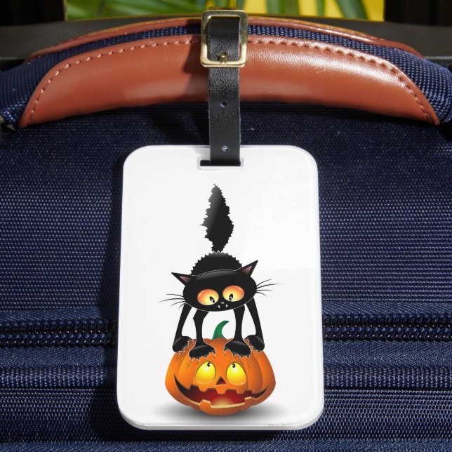 Étiquette À Bagage Dessin d'Halloween au chat effrayé sur Citrouille (Insitu Rectoal 2)