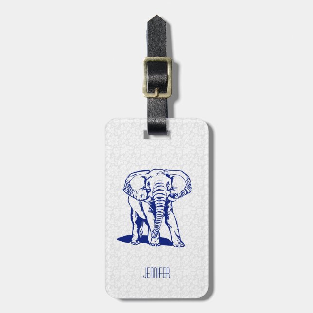 Étiquette À Bagage Dessin Monogramme Ligne Eléphant Bleu Navu (Devant Vertical)