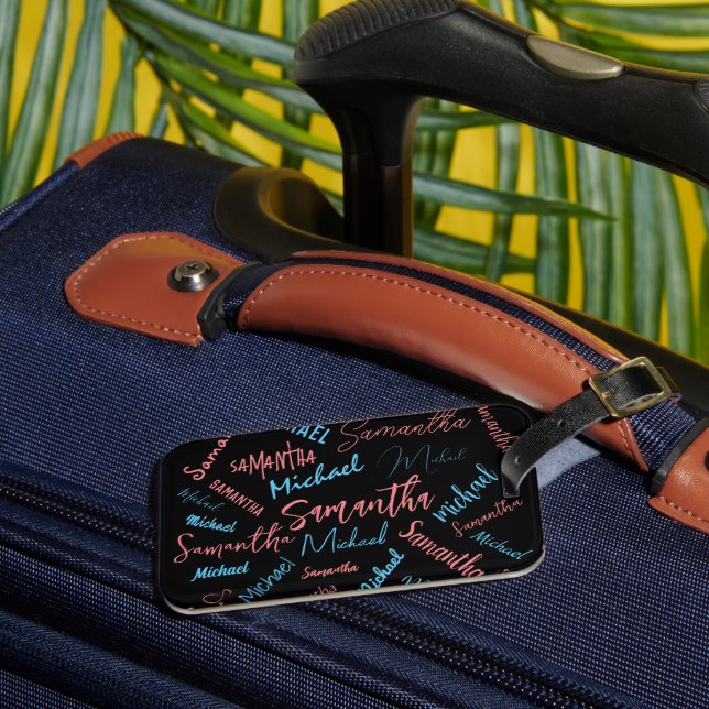 Étiquette À Bagage Deux noms couples motif monogramme bleu rose clair (Insitu Rectoal 3)