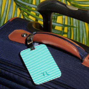 Étiquette À Bagage Diagonale néon bleu et blanc rayures initiales