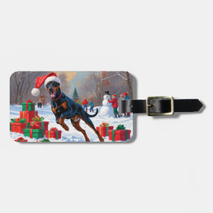Étiquette À Bagage Doberman courant dans la neige avec un chapeau de
